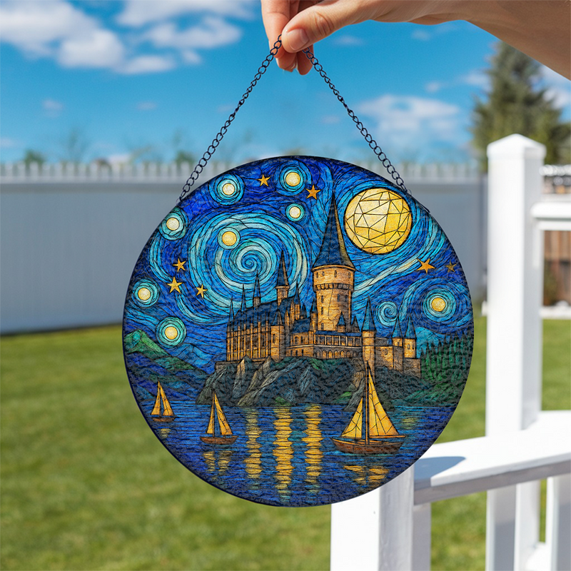 Starry Night Castle Stained Glass Suncatcher