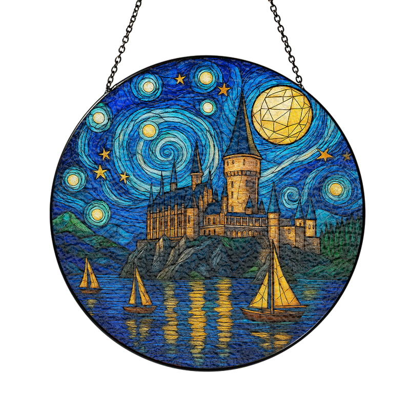 Starry Night Castle Stained Glass Suncatcher