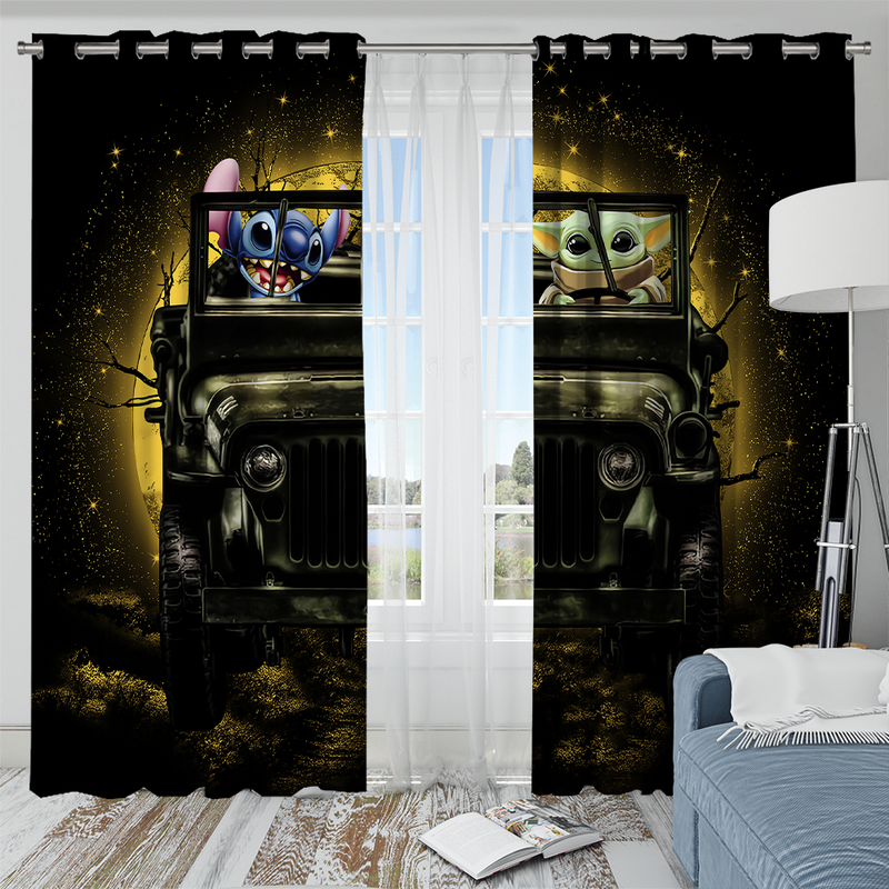 Stitch And Baby Yoda Ride Jeep Moonlight Halloween Funny Window Curtain