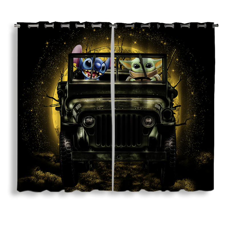 Stitch And Baby Yoda Ride Jeep Moonlight Halloween Funny Window Curtain