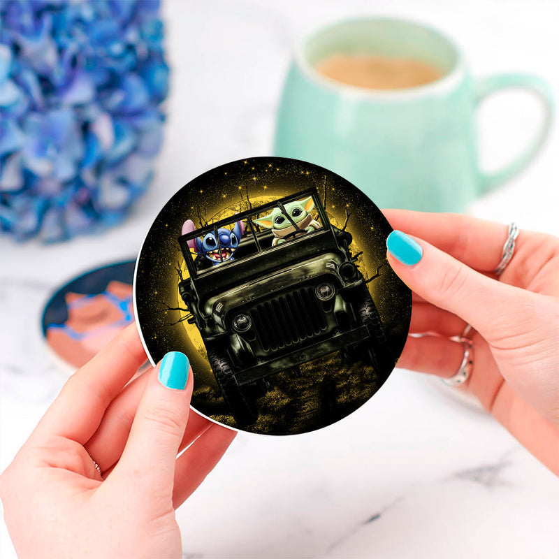 Stitch And Baby Yoda Ride Jeep Moonlight Halloween Funny Ceramic Decor Coaster - Gift Idea