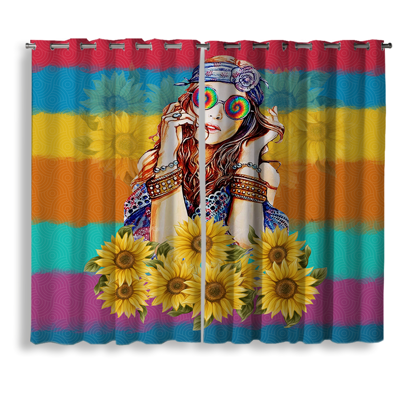 Sunflower Hippie Girl Window Curtain