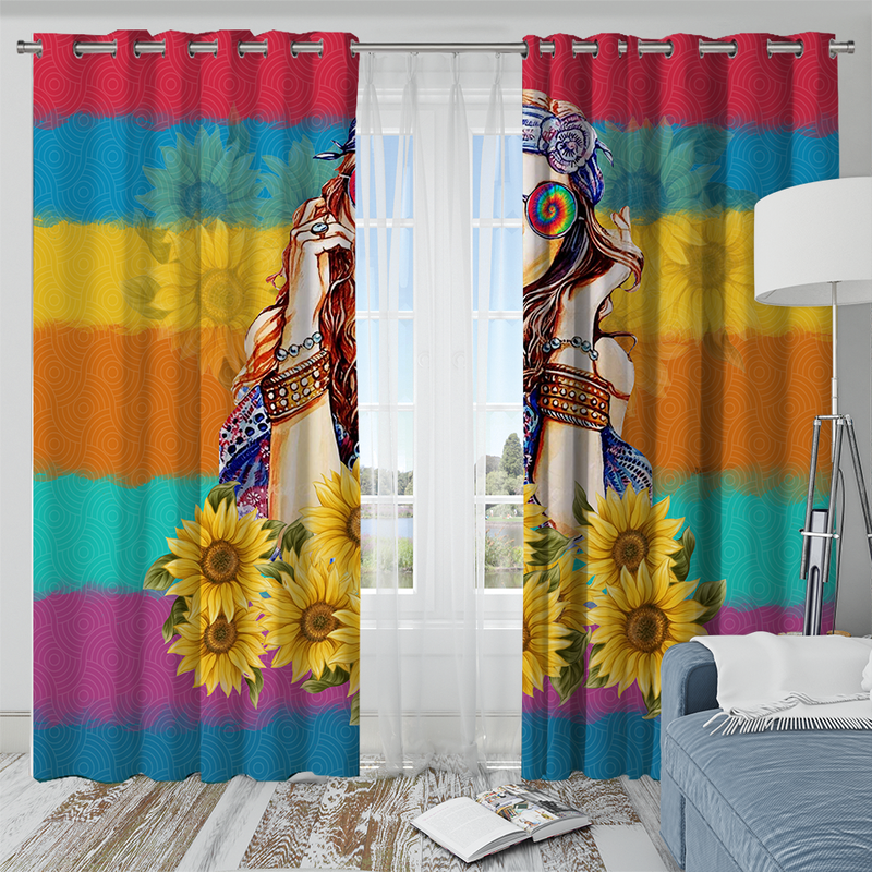 Sunflower Hippie Girl Window Curtain