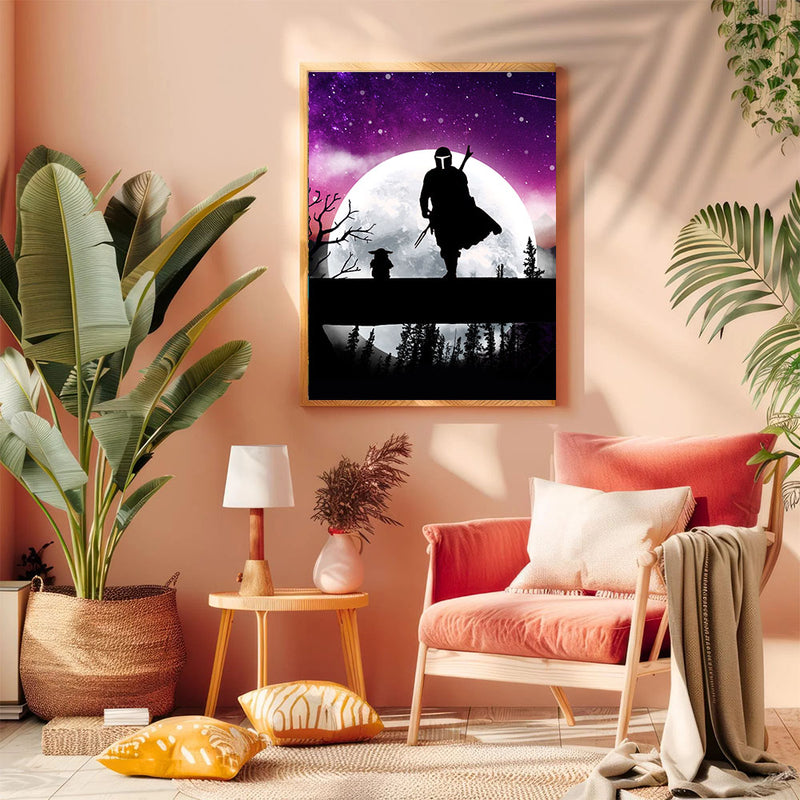 The Mandalorian And Baby Yoda Moon Night - Living Room - Canvas Wall Art - Print - Wall Decor