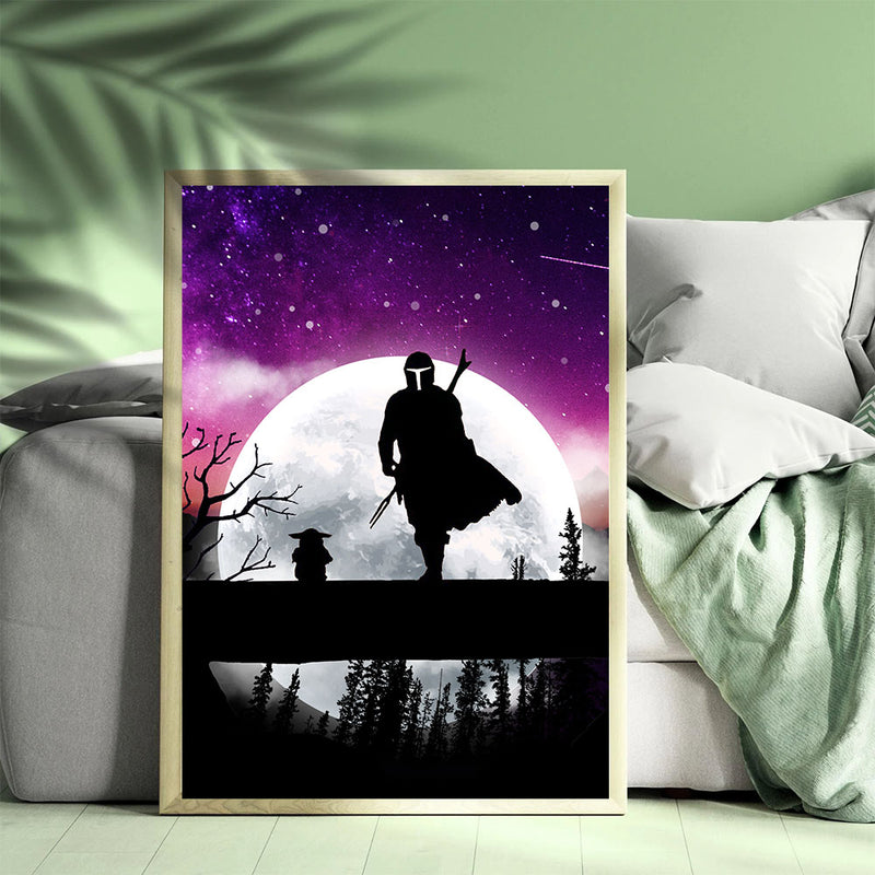 The Mandalorian And Baby Yoda Moon Night - Living Room - Canvas Wall Art - Print - Wall Decor