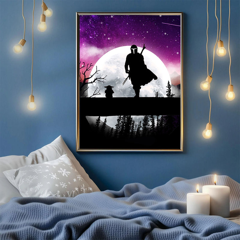 The Mandalorian And Baby Yoda Moon Night - Living Room - Canvas Wall Art - Print - Wall Decor