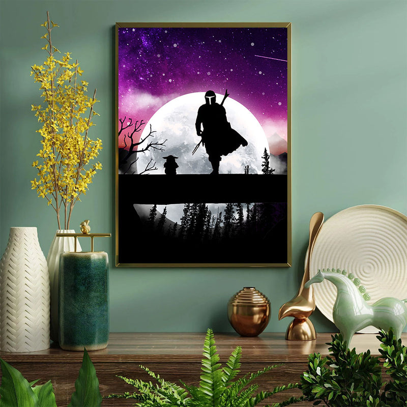 The Mandalorian And Baby Yoda Moon Night - Living Room - Canvas Wall Art - Print - Wall Decor