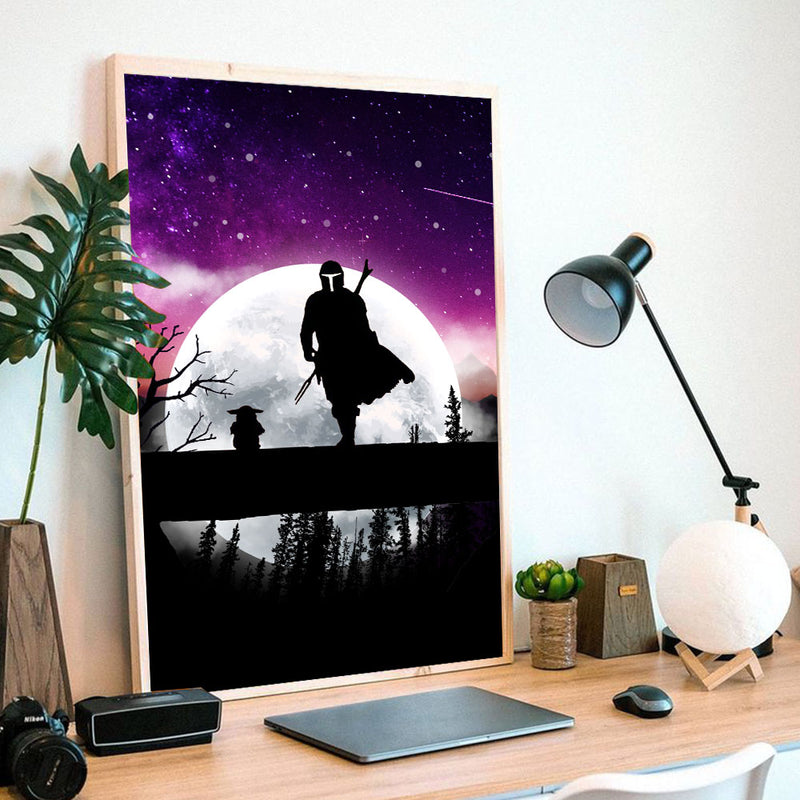 The Mandalorian And Baby Yoda Moon Night - Living Room - Canvas Wall Art - Print - Wall Decor