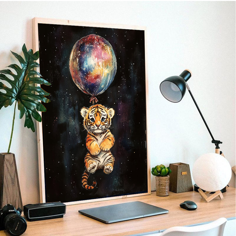 Baby Tiger Galaxy Balloon Adventure - Living Room - Canvas Wall Art - Print - Wall Decor