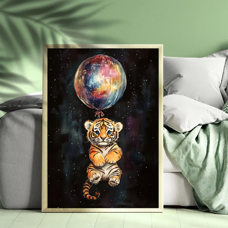 Baby Tiger Galaxy Balloon Adventure - Living Room - Canvas Wall Art - Print - Wall Decor