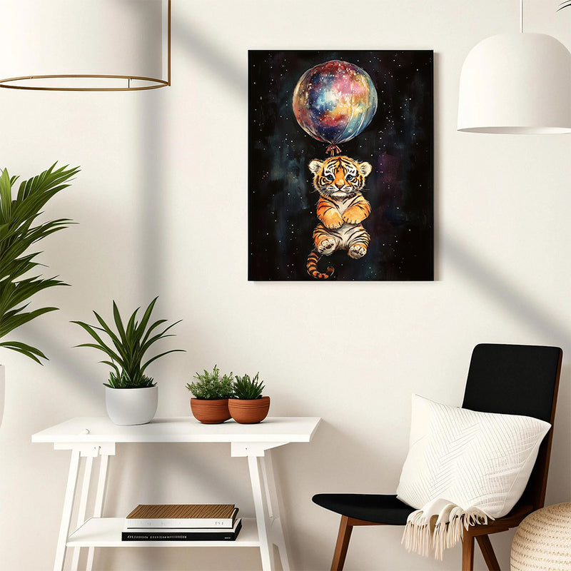 Baby Tiger Galaxy Balloon Adventure - Living Room - Canvas Wall Art - Print - Wall Decor