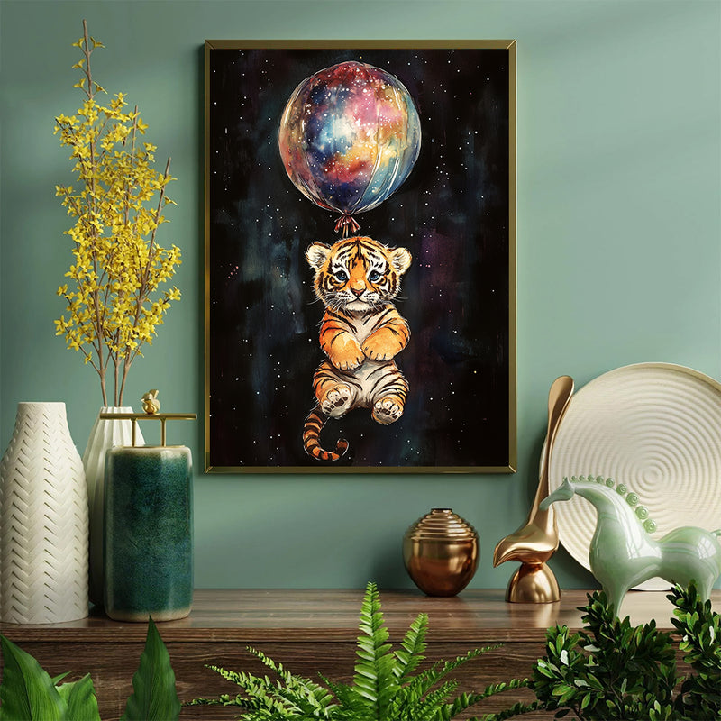 Baby Tiger Galaxy Balloon Adventure - Living Room - Canvas Wall Art - Print - Wall Decor