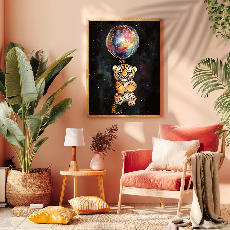 Baby Tiger Galaxy Balloon Adventure - Living Room - Canvas Wall Art - Print - Wall Decor