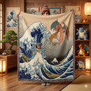 Retro Charizard vs Blastoise Pokemon The Great Wave Woven Throw Blanket