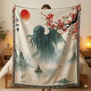 Cthulhu in the Japan Landscape Woven Throw Blanket