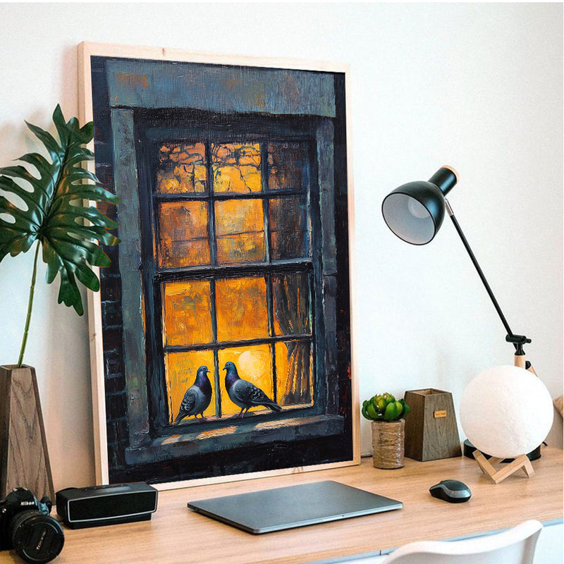Two Doves By The Window Painting - Living Room - Canvas Wall Art - Print - Wall Decor