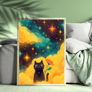 Watercolor Cat Night Star - Living Room - Canvas Wall Art - Print - Wall Decor