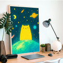 Watercolor Yellow Cat Galaxy - Living Room - Canvas Wall Art - Print - Wall Decor