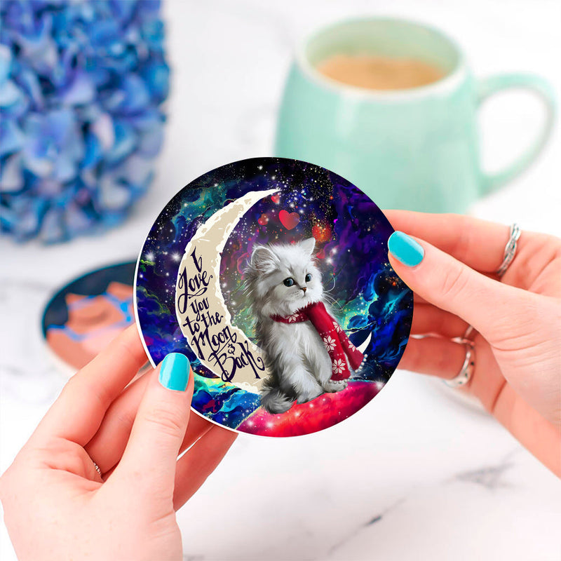 White Kitten Love You To The Moon Galaxy Ceramic Decor Coaster - Gift Idea