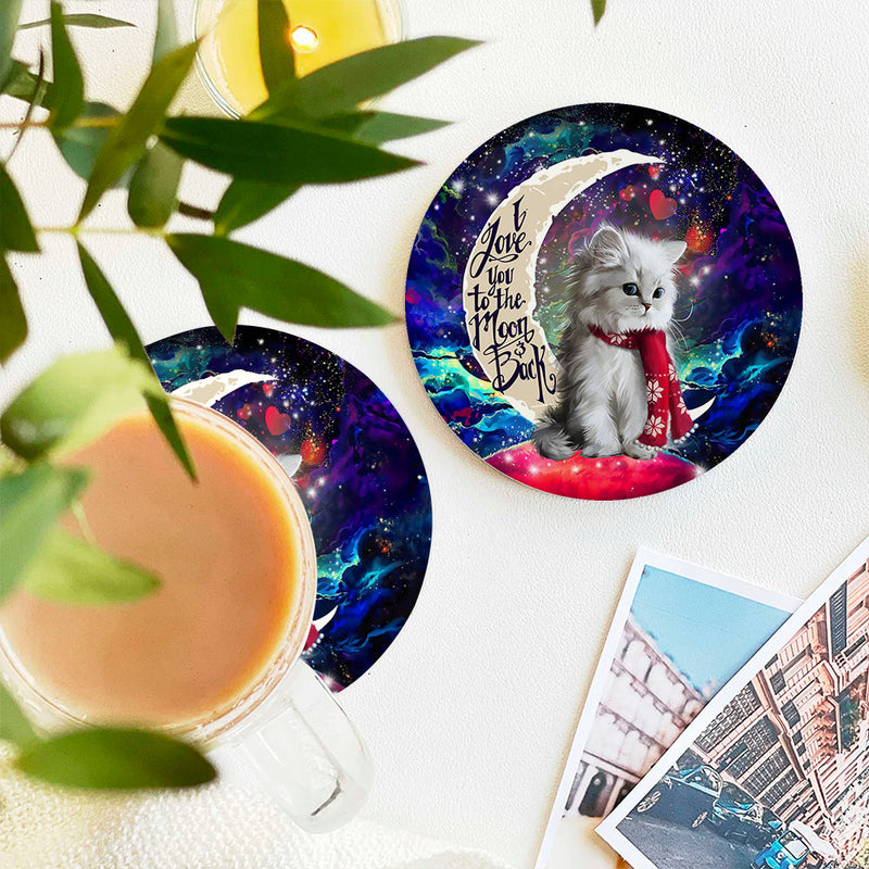 White Kitten Love You To The Moon Galaxy Ceramic Decor Coaster - Gift Idea