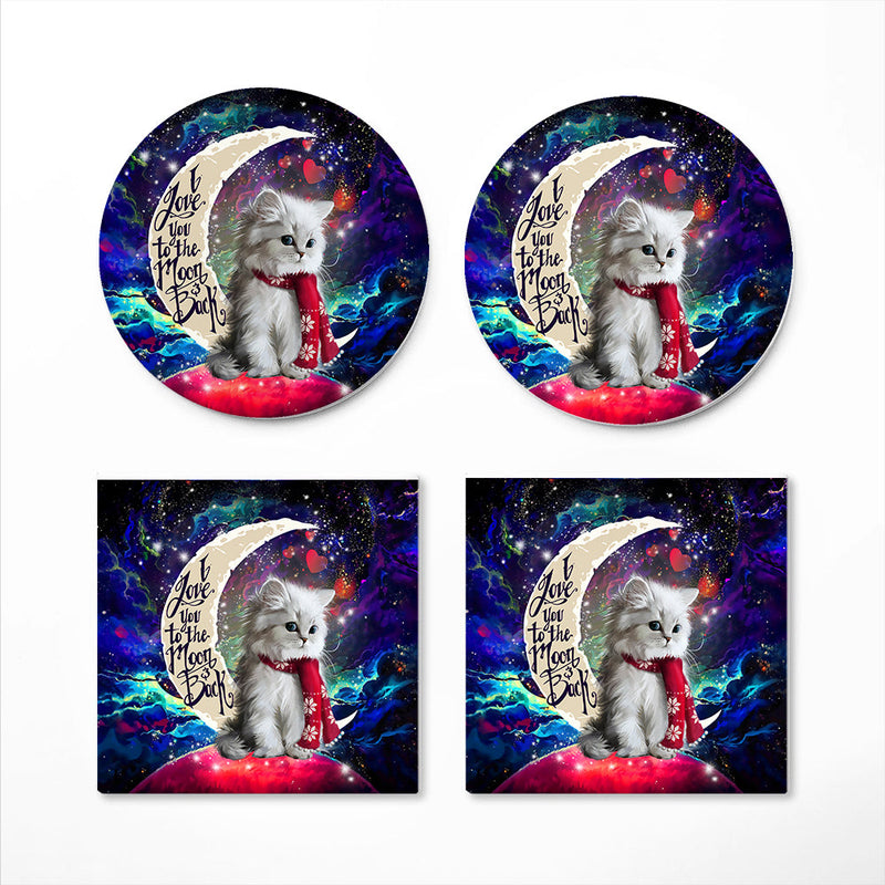 White Kitten Love You To The Moon Galaxy Ceramic Decor Coaster - Gift Idea