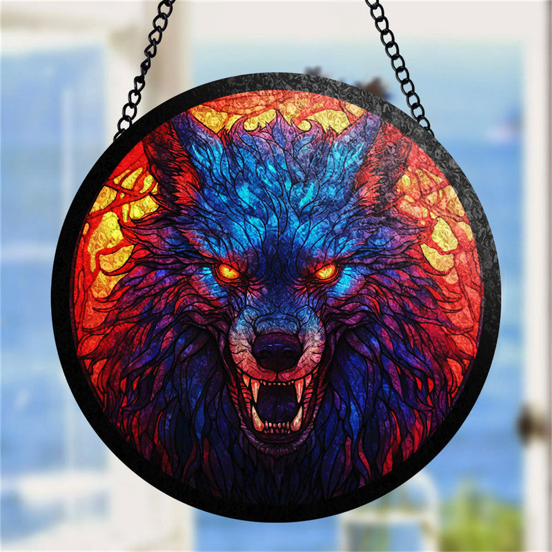 Wolf Round Stained Glass Suncatcher