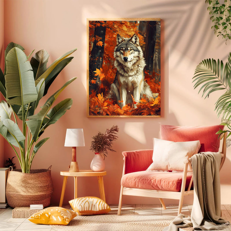 Wolf Sitting In Autumn Leaf - Living Room - Canvas Wall Art - Print - Wall Decor