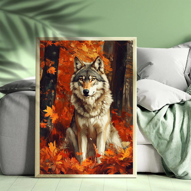 Wolf Sitting In Autumn Leaf - Living Room - Canvas Wall Art - Print - Wall Decor