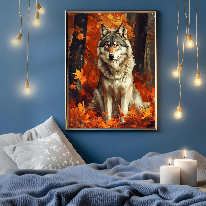 Wolf Sitting In Autumn Leaf - Living Room - Canvas Wall Art - Print - Wall Decor