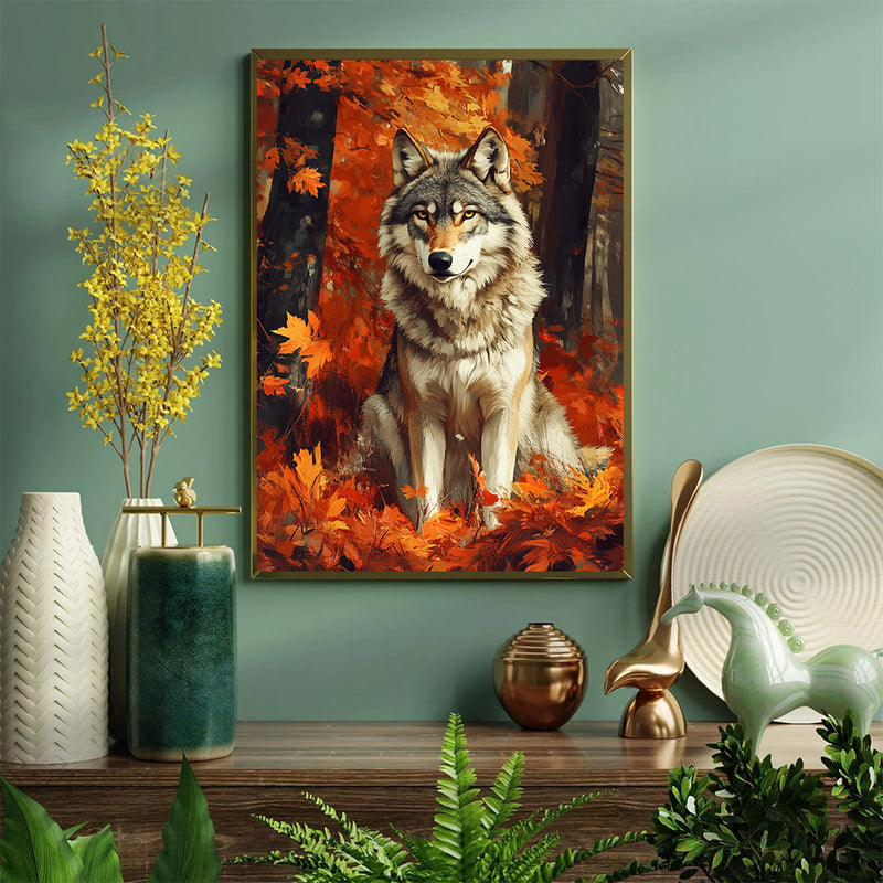 Wolf Sitting In Autumn Leaf - Living Room - Canvas Wall Art - Print - Wall Decor