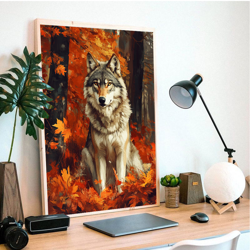 Wolf Sitting In Autumn Leaf - Living Room - Canvas Wall Art - Print - Wall Decor