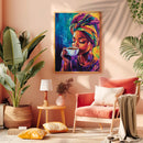 Watercolor Coffee Sipping Black Woman - Living Room - Canvas Wall Art - Print - Wall Decor