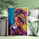 Watercolor Coffee Sipping Black Woman - Living Room - Canvas Wall Art - Print - Wall Decor