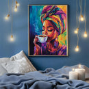 Watercolor Coffee Sipping Black Woman - Living Room - Canvas Wall Art - Print - Wall Decor