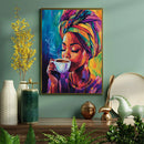 Watercolor Coffee Sipping Black Woman - Living Room - Canvas Wall Art - Print - Wall Decor