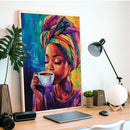 Watercolor Coffee Sipping Black Woman - Living Room - Canvas Wall Art - Print - Wall Decor