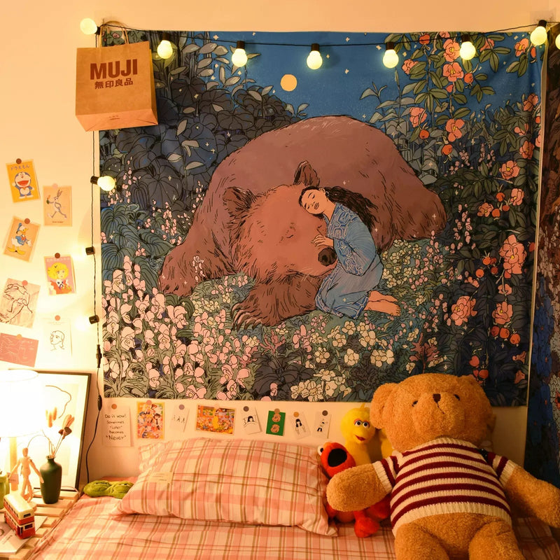 Sleepy Girl With Bear Tapestry Room Decor Nearkii