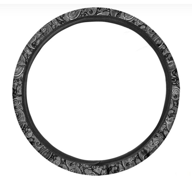 Black And White Paisley Pattern Print Car Steering Wheel Cover Nearkii