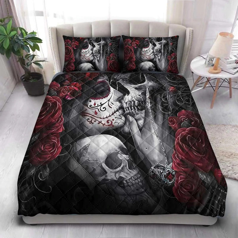 Skull Couple In Roses Quilt Bed Sets Nearkii