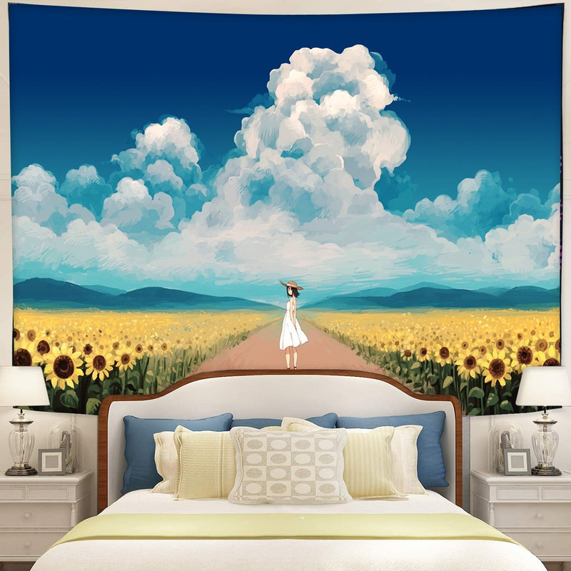 Anime Girl With Sunflower Tapestry Room Decor Nearkii