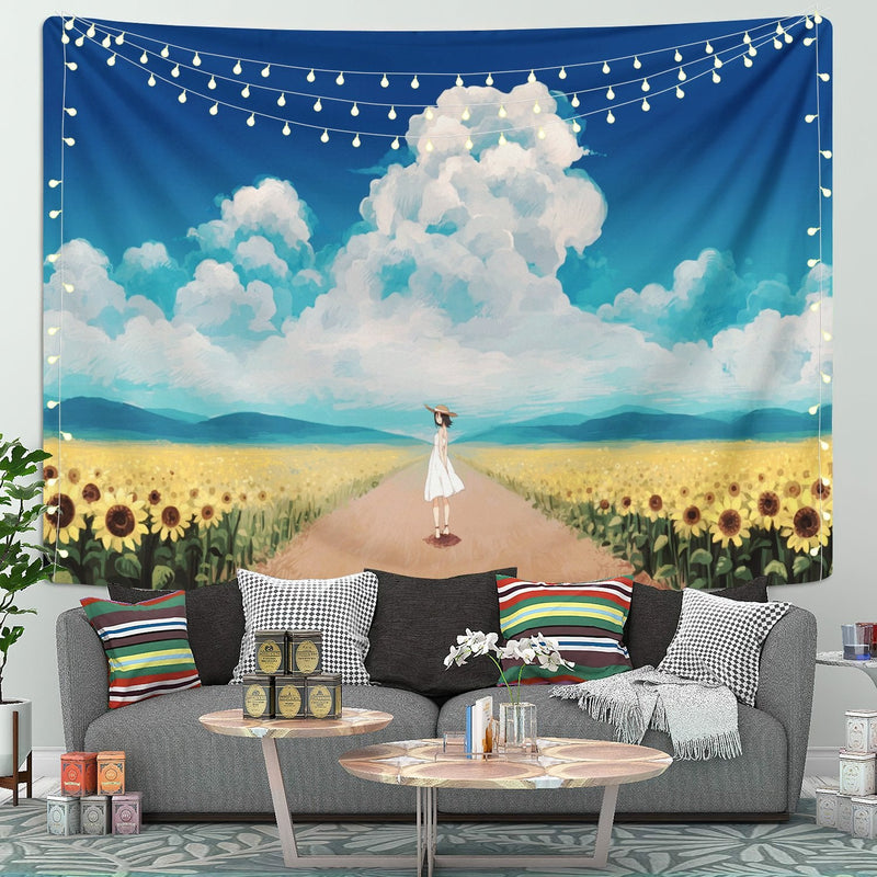 Anime Girl With Sunflower Tapestry Room Decor Nearkii