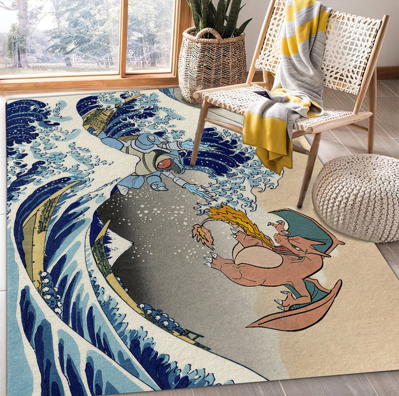 Blastoise Charizard The Great Wave Japan Pokemon Carpet Rug Home Room Decor