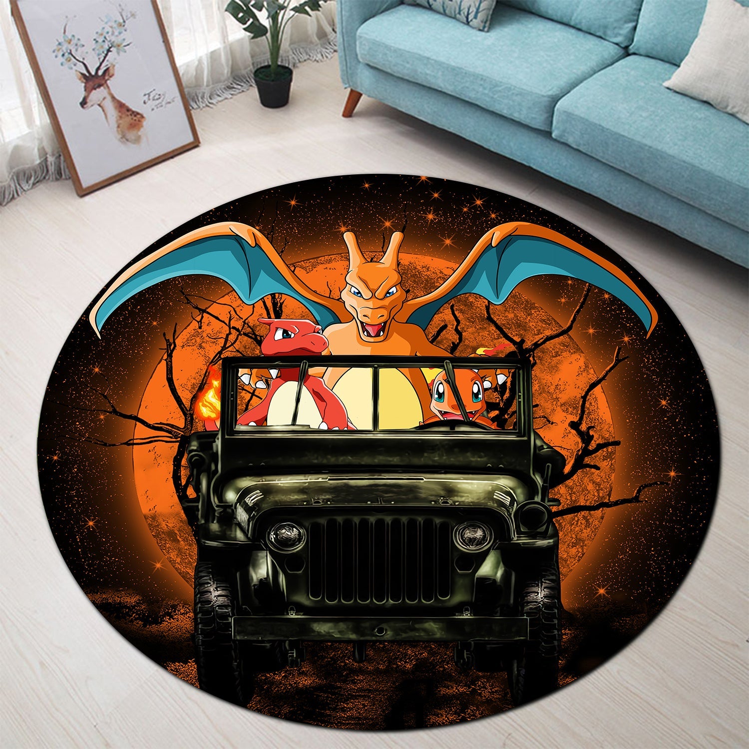 Charizard Charmender Drive Jeep Moonlight Halloween Round Rug