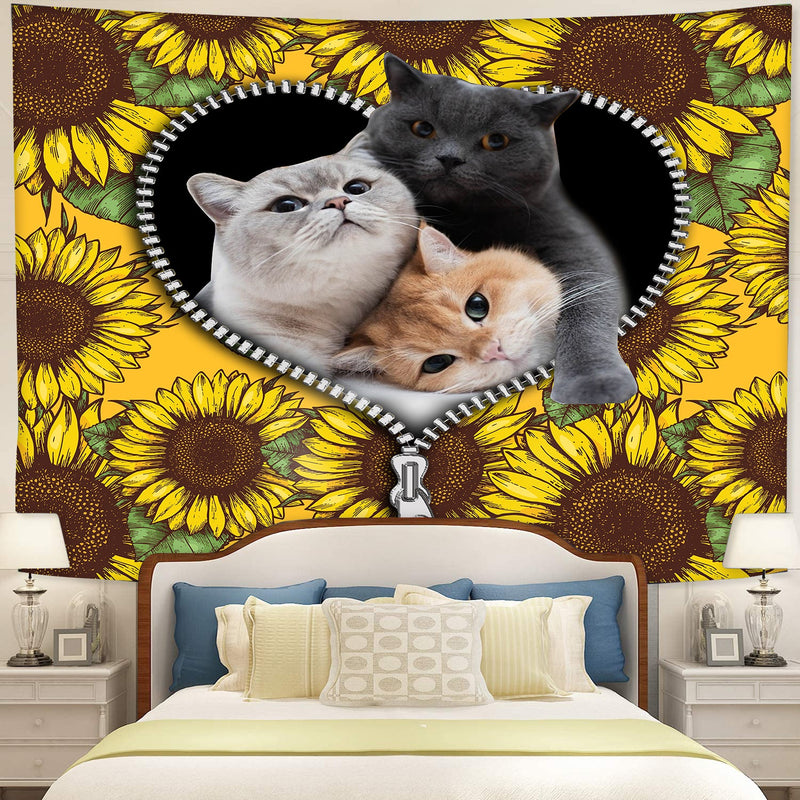 Cute Cat Sunflower Zipper Tapestry Room Decor Nearkii