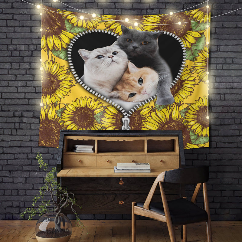 Cute Cat Sunflower Zipper Tapestry Room Decor Nearkii