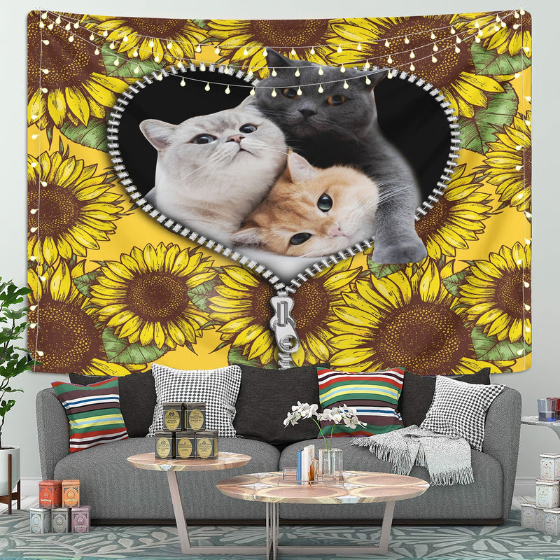 Cute Cat Sunflower Zipper Tapestry Room Decor Nearkii