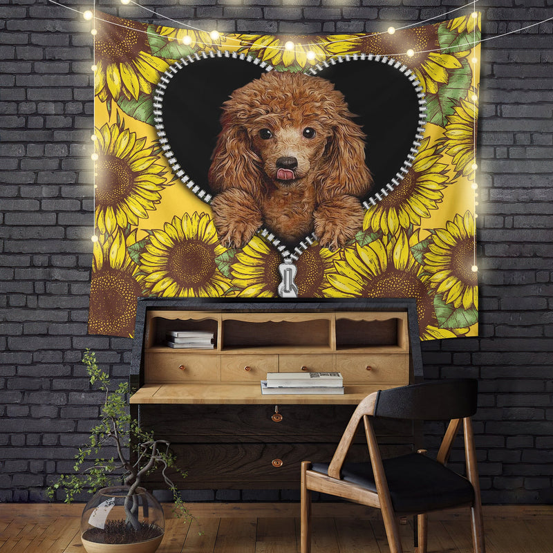 Cute Dog Poodle Sunflower Zipper Tapestry Room Decor Nearkii