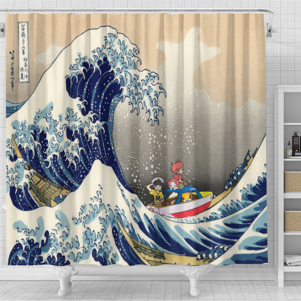 Ponyo On The Cliff By The Sea The Great Wave Ghibli Japan Shower Curta