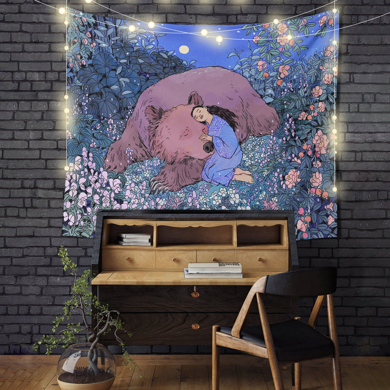 Sleepy Girl With Bear Tapestry Room Decor Nearkii