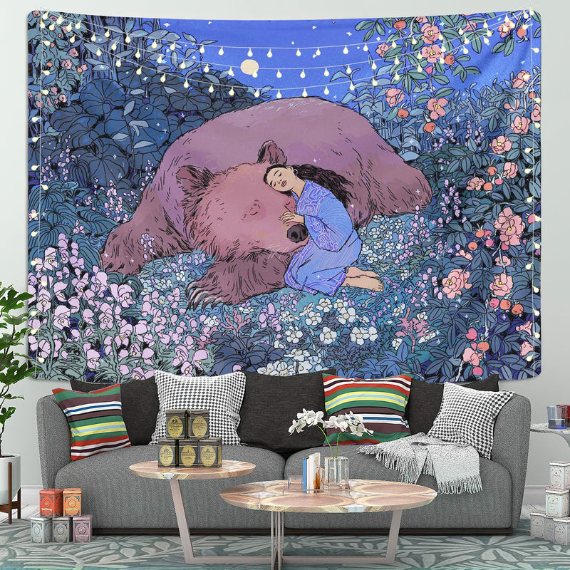 Sleepy Girl With Bear Tapestry Room Decor Nearkii